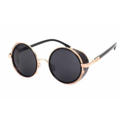 Lunettes de soleil steampunk rondes – Style rétro gothique victorien – Métal noir avec rivets – UV400 – Unisexe