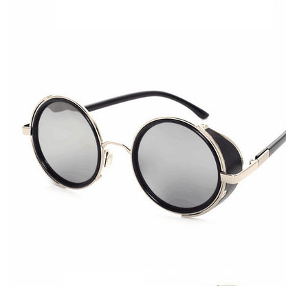 Lunettes de soleil steampunk rondes – Style rétro gothique victorien – Métal noir avec rivets – UV400 – Unisexe